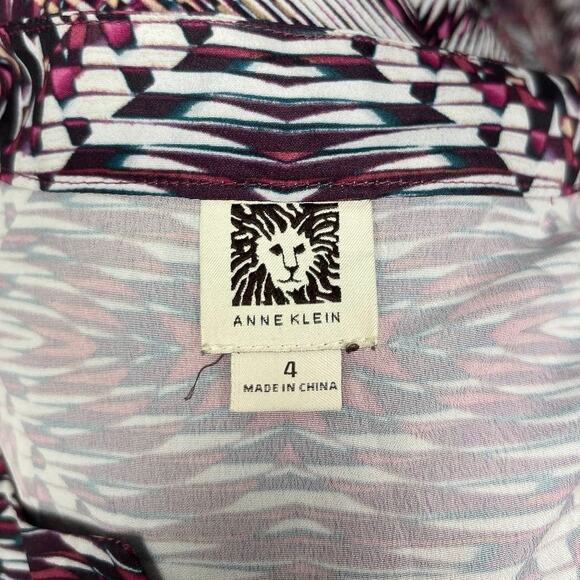 Anne Klein Multicolor Long Sleeve V Split Neck Geometric Shift Midi Dress Size 4 - Picture 6 of 6